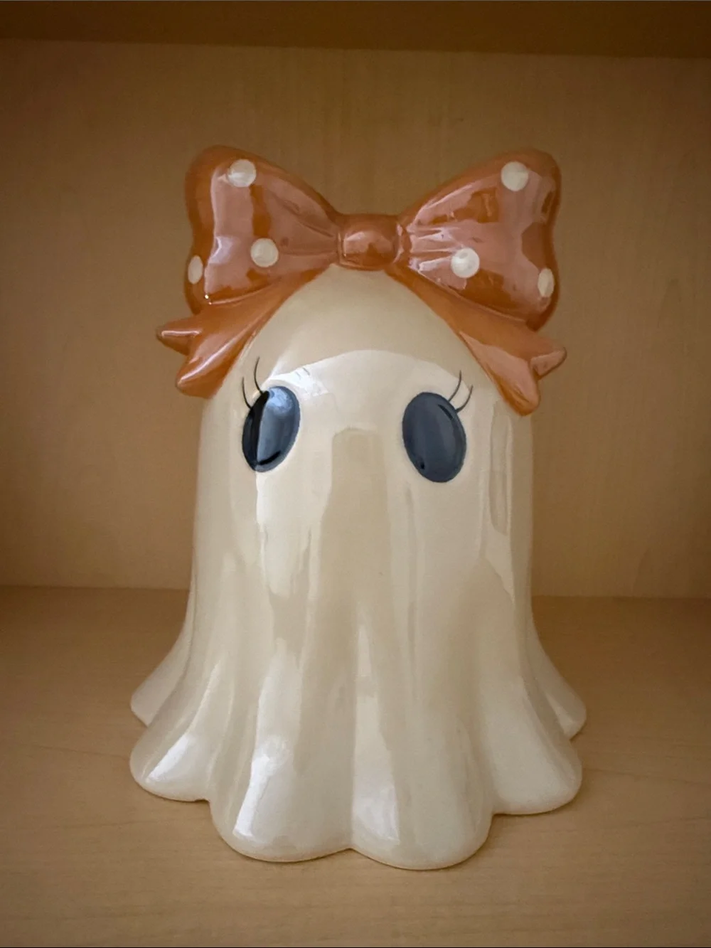 Cream Ceramic Ghost Figurine with Orange Polka Dot Bow